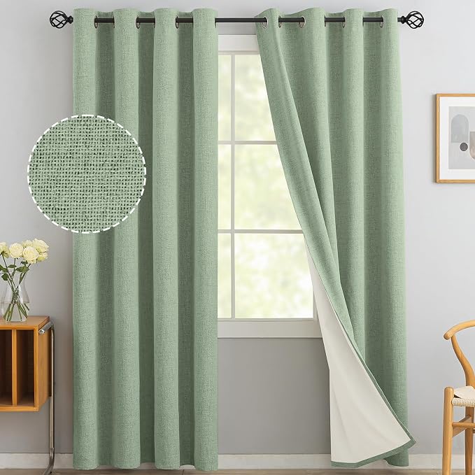 Yakamok 96 Inch Light Sage Green Linen Texture Curtains for Living Room | 100% Blackout Curtains,Room Darkening Curtains,Thermal Grommet Bedroom Curtain 2 Panels with Greyish White Liner,52W x 96L