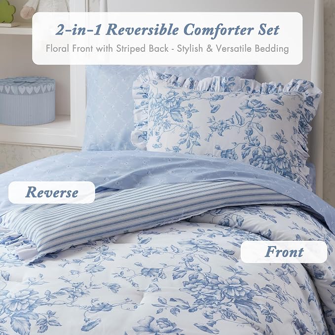 Madison Park Essentials Blue Floral Comforter Set with Sheets Twin XL,5pc | Reversible, Elegant College Dorm Bedding, Ruffle Bed in a Bag, All Season, Machine Washable, Wrinkle Resistant, Ultra Soft