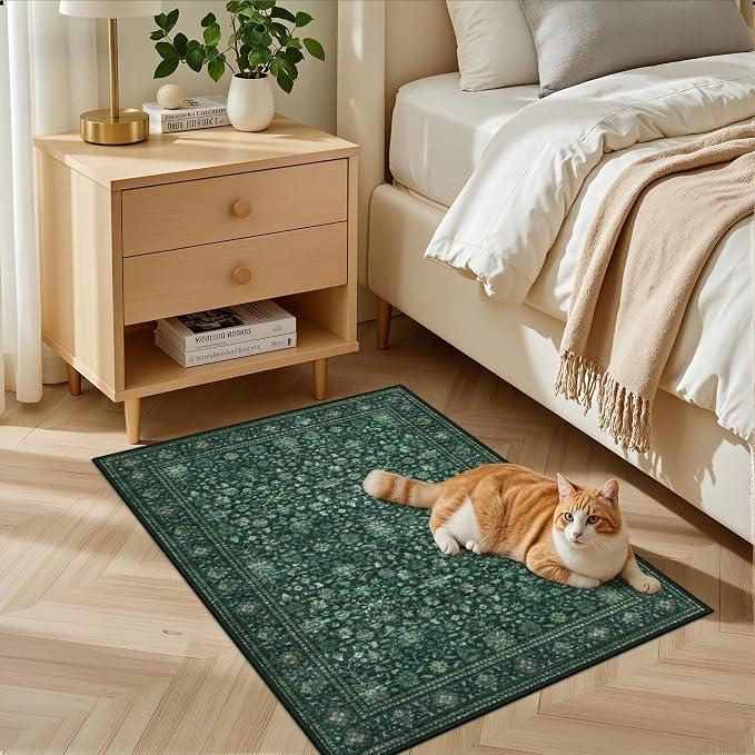 2x3 Area Rugs Living Room: Washable Rug for Bedroom Deep Green | Boho No Slip Stain Resistant Rug Soft Indoor Decor Floor Floral 2x3 Area Rugs for Dining Room, Nursery, Hallway, Home Office