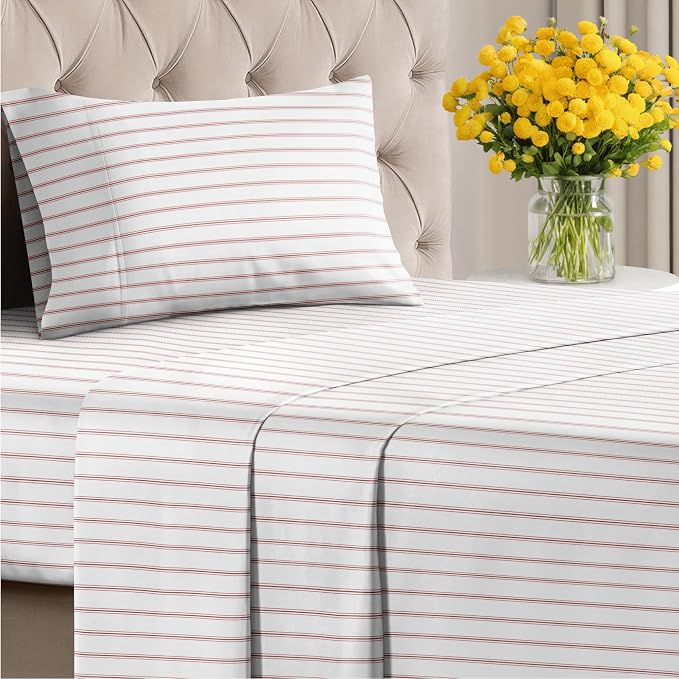Twin 3 Piece Striped Sheet Set - Soft, Breathable & Cooling - Double Red | 1 Flat, 1 Fitted & 1 Pillowcase w/ Deep Pockets, Luxury Striped Bedding, Soft, Breathable & Cooling, Wrinkle & Fade Free