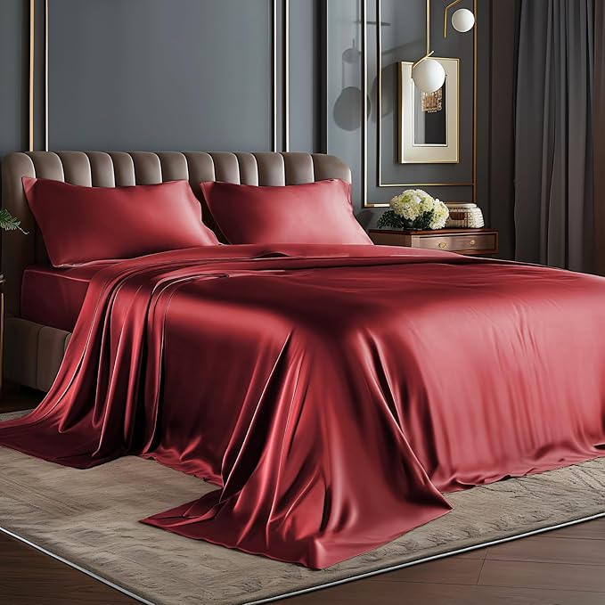 BEDELITE Satin Sheets King Size Bed Set, Burgundy, 4 Pieces | Luxury Silky Bed Sheets, 15 Inch Deep Pocket, Similar to Silk, Soft and Cooling, Reduces Friction, Gentle on Hair and Skin