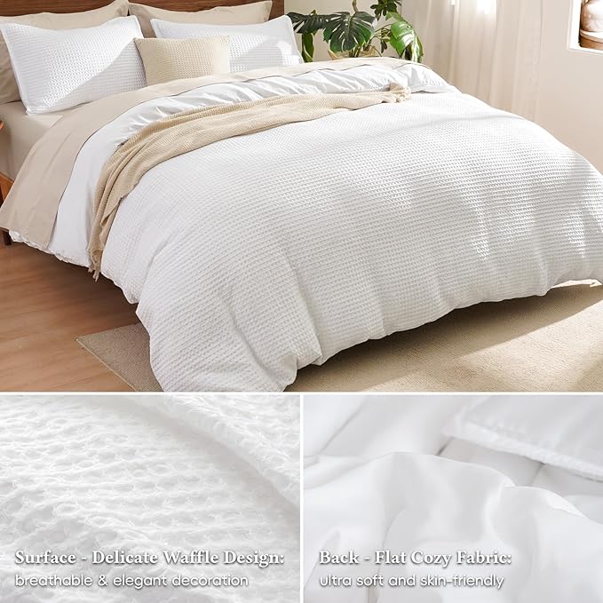 David's Home Soft Textured Waffle Weave Duvet Cover Set, King Size, White | Breathable Cozy for All Season, 300GSM, 3PCS Home Bedding Decor, OEKO-TEX Certified, Hidden Zipper, 8 Corner Ties, 104" X 90"