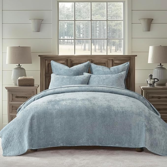 EverGrace Striped Channel Velvet Quilt Set, Queen Size, Blue Linen | Luxurious Soft Lightweight Velvet Comforter, Oversized Bedspread Coverlet, Quilted Bedding Set for All Season, with 2 Shams