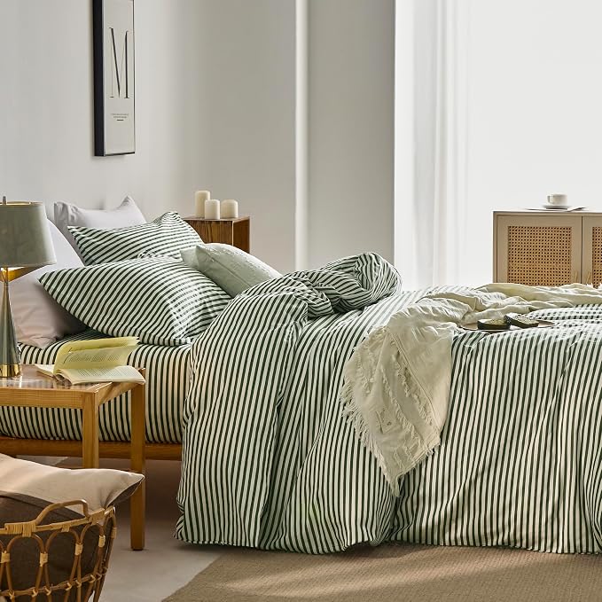 JELLYMONI 100% Cotton Classic Striped King Duvet Cover Set, Green/White | Breathable Softness, Oeko-Tex Certified, Classic Stripes, 8 Corner Ties & Double Hidden Zipper