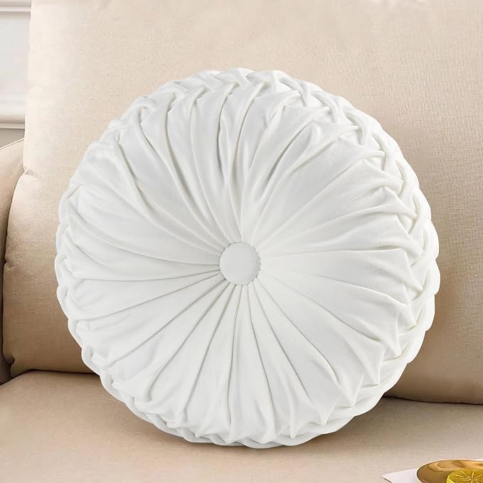 HIG Set of 2 Off White Velvet Decorative Round Pleated Throw Pillows | Vintage Floor Pillows, Classy Accent Pumpkin with Center Button, for Sofa Couch Vanity Chair Bed, 14.5" Diameter