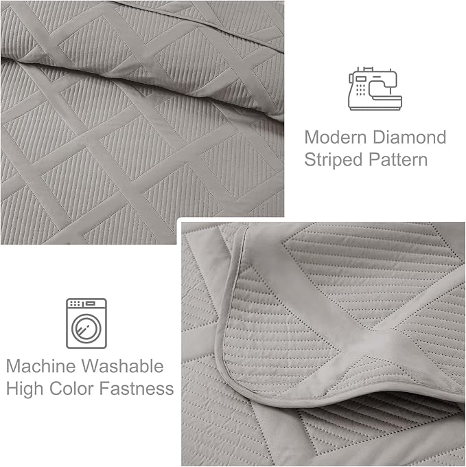 Exclusivo Mezcla Quilt Set Twin Size, 2 Pieces Light Grey Twin Quilt Bedding Set, Lightweight Quilts Soft Bedspreads Modern Striped Coverlets for All Seasons | Soft Bedspreads with 1 Pillow Sham, Modern Striped Pattern, Lightweight Bedding Set Coverlet...