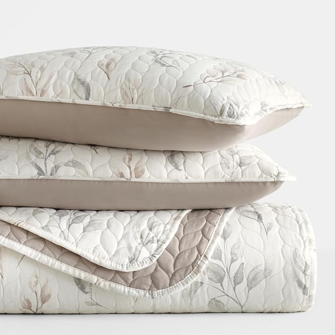 Merit Linens Soft Quilt Coverlet Bedding Set - Pattern/Solid Reversible - Full/Queen Latte