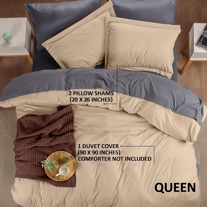 Duvet Cover Queen, 3 Piece Cotton Like Polyester With Zipper Closure, Beige | Extra Soft and Breathable, Wrinkle & Fade Resistant, Includes Duvet Cover and 2 Pillow Shams, Comforter Not Included, OekoTex