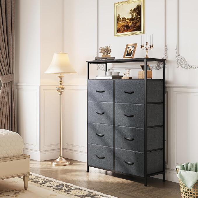 WLIVE 8 Drawer Fabric Dresser Open Shelves, Tall Bedroom Chest, Dark Grey | Dark Grey 8 fabric drawers plus open shelves, steel frame with wood top, great for bedroom closet entryway and dorm storage