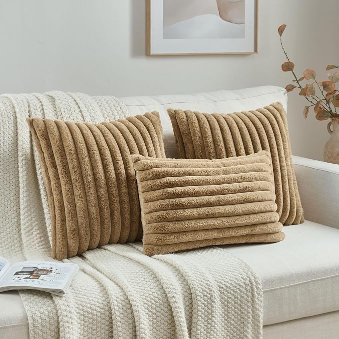 FUTEI Pack of 2 Faux Fur Throw Pillow Covers 12x20 Inch, Camel | Fluffy Faux Rabbit Fur Front/Premium Velvet Back,Hidden Zipper,Machine Washable,Non-Shedding,Colorfast,Insert Not Included.