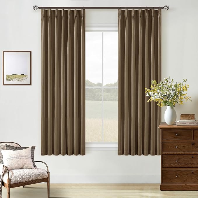Dutch Cocoa 100% Blackout Pinch Pleated Linen 63 Inch Curtains with Liner | Memory Trained, Thermal Insulated, Heat Blocking, Black Out Curtains for Small Window Dining Room Bedroom 2 Panels W40xL63