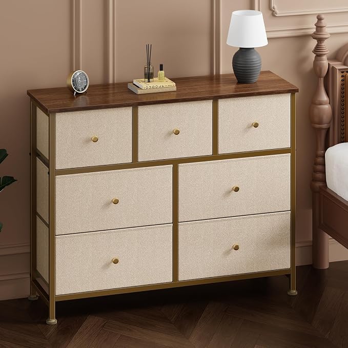 Sweetcrispy 7 Drawer Dresser for Bedroom Storage with Fabric Bins, Khaki | Anti-Tip Closet Organizer, Wooden Top and Sturdy Steel Frame, Spacious Drawers for Clothes Storage, Hallway Entryway