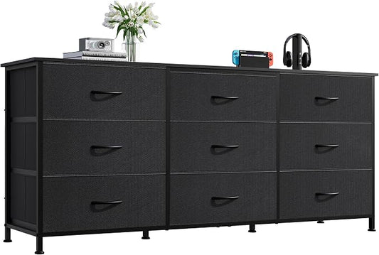 WLIVE Dresser TV Stand for 65 Inch TV, 9 Drawer Dresser for Bedroom, Black | Fits TVs up to 65 inch, 9 roomy fabric drawers, Wide wood tabletop, Living room or bedroom, Chest of drawers