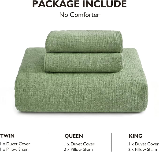 EMME Muslin Cotton Duvet Cover Set Queen Size Linen Like Soft Breathable Lightweight Summer Comforter Cover Set with Zipper Closure (Sage Green, Queen)