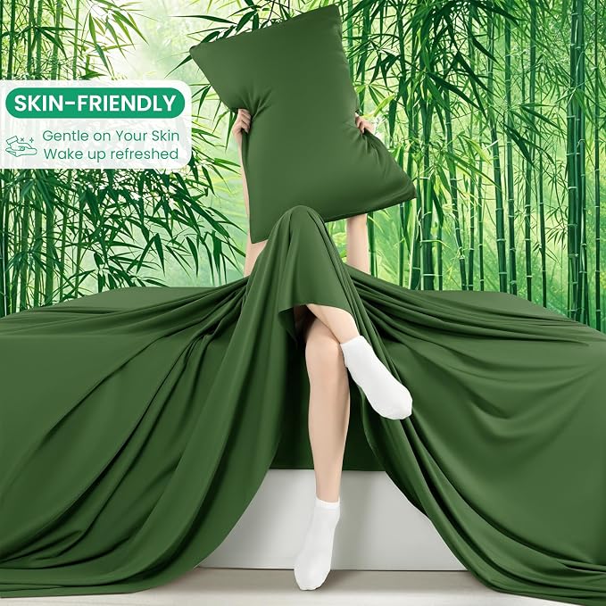 SONORO KATE 100% Viscose Derived from Bamboo_Sheets Cal King Size,4PC | Cooling Bed Sheets for Hot Sleepers,Soft Breathable & Silky,16" Deep Pocket,Luxury Hotel Bedding,Olive