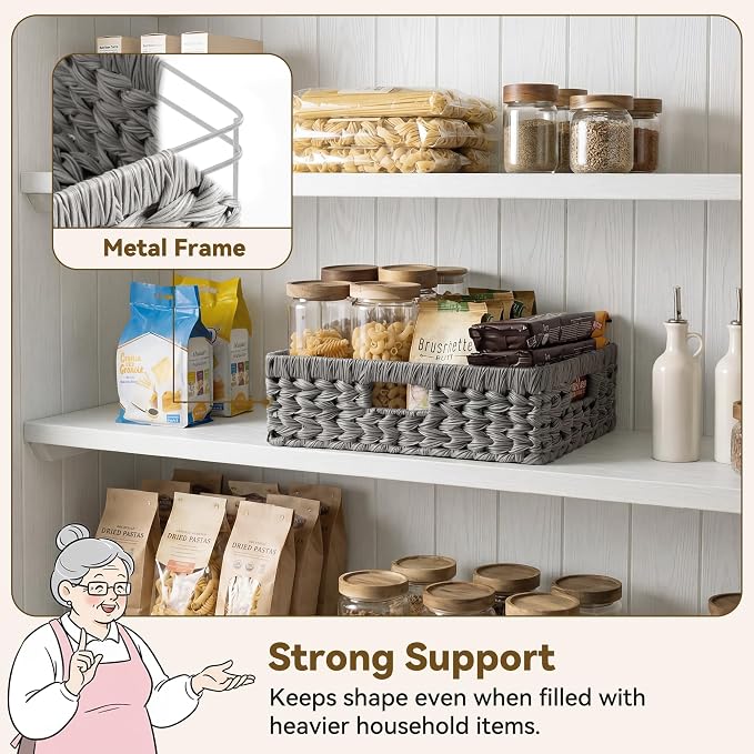 GRANNY SAYS Wicker Storage Basket for Shelves,Waterproof Gray Basket,1-Pack | Handwoven Wicker Baskets for Organizing, Plastic Rectangle Basket, Woven Basket for Storage, Pantry Basket, Decorative Basket