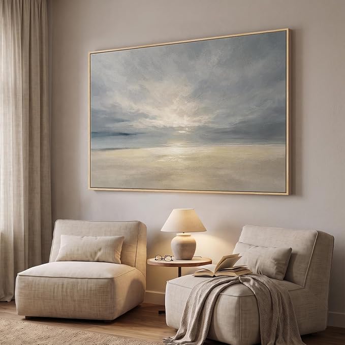Extra Large Framed Beige Blue Coastal Abstract Wall Art, Horizontal 60x40 | Oversized beach pictures, Canvas prints, Wood frame, Modern paintings, Wall decor for living room bedroom dining room office