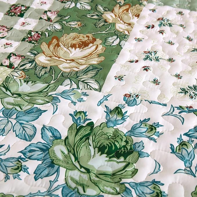 Anibedding Patchwork Quilt Set King Size, Sage Green Floral Plaid Bedspread | Rustic Flower Coverlet Set, Soft Lightweight Farmhouse Quilt Bedding Set 3 Pieces for All Season, 110''x90''