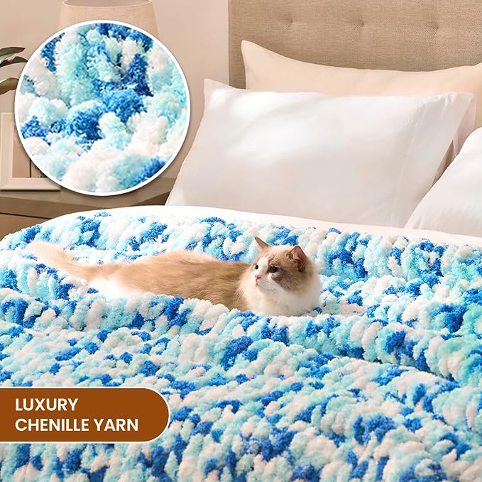 L'AGRATY Chunky Knit Throw Blanket for Couch, 50 x 60 Inches, Blue White | Handmade Chenille Crochet Blanket for Sofa Bed, Thick Cable Knitted Blankets for Room Home Decor, Birthday Gift for Women Mom