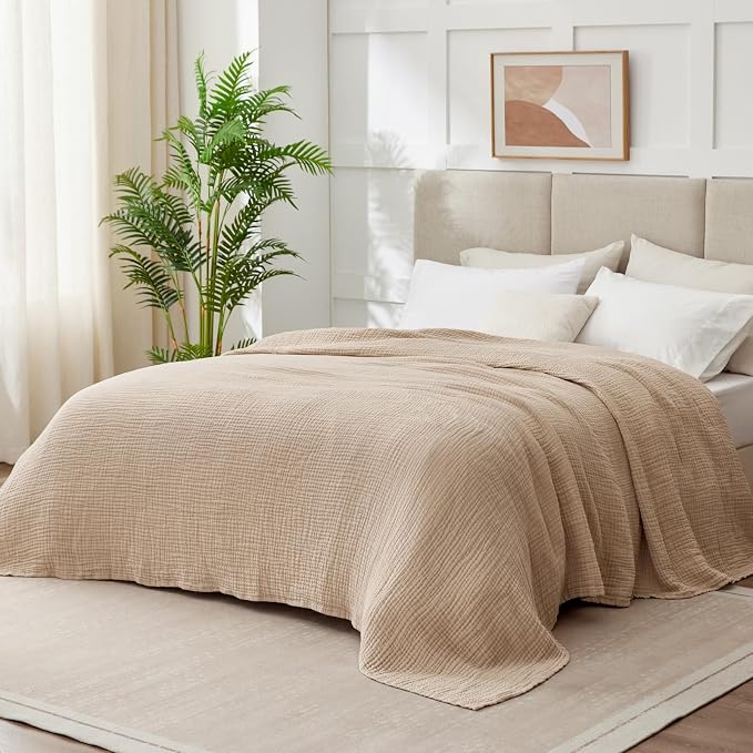 100% Cotton King Size Blankets for Bed 108" x 90", 6 Layers Cooling and Soft Muslin Throw Blanket, Lightweight Quilt Bedspread Coverlet, Gauze Blanket for Adults All Season, Linen Beige