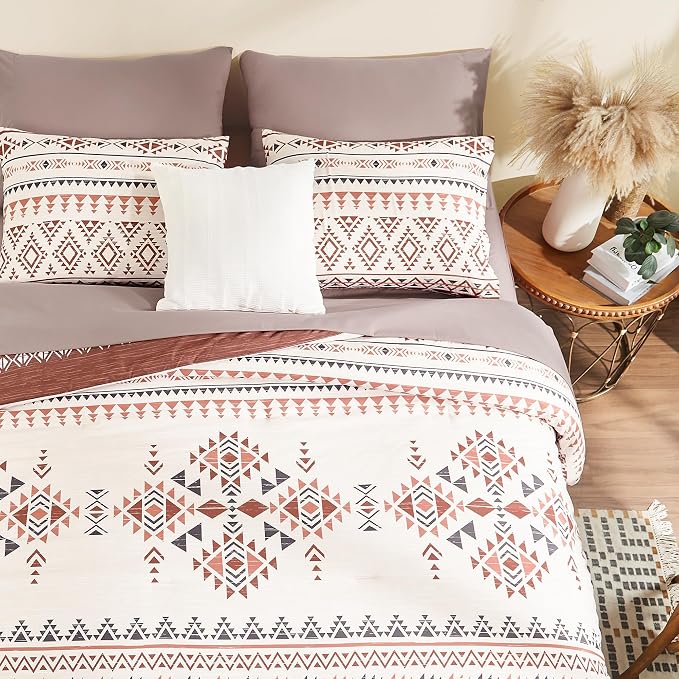 Full Size Comforter Sets - 7 Pieces Western Bedding Reversible Bed in a Bag | Boho Bedding, All Season Aztec Bed Set with Comforter, Sheets, Pillowcases & Shams, Burgundy