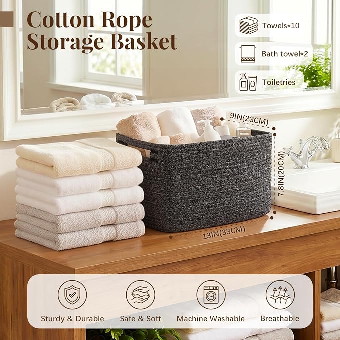 OIASKET 4Packs Natural Cotton Rope Storage Baskets for Organizing Toys, Clothes, Towels & Books, Soft Versatile Organizers for Shelves, Home Decorative Bins, 13''Lx9''Wx7.8''H, Black and White