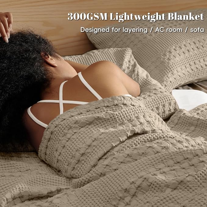 PHF Lightweight 100% Cotton Waffle Throw Blanket for Couch, Taupe | Pre-Washed Soft Cotton Comfort, Breathable Layering Warmth for Fall & Winter, Office, Travel, Sofa, Home Decor & Gifts