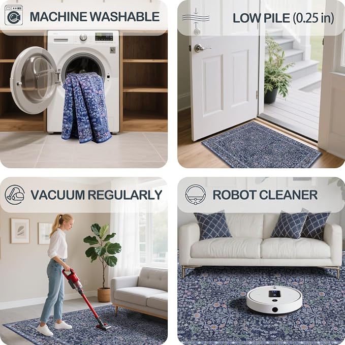 Washable 2'6" x 10' Runners for Hallways, Non Slip Long Floor Runner for Kitchen, Entryway Indoor, Stain Resistant Rubber Backing Floral Decor Rug (Blue)