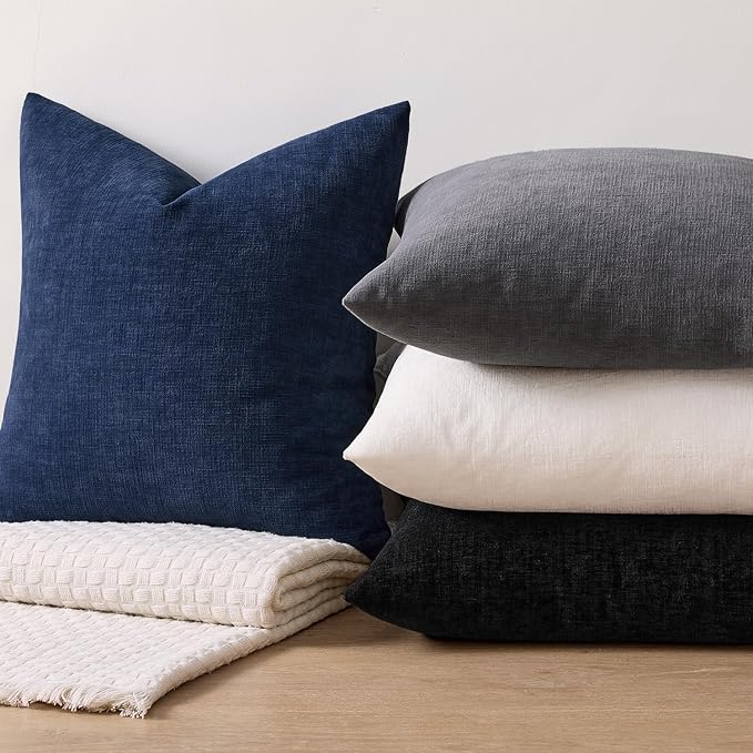 MIULEE Navy Chenille Couch Lumbar Throw Pillow Covers, 12x20 | Set of 2, Soft Coastal Home Decor, Modern Farmhouse Decorative Pillowcases for Sofa Living Room Bed