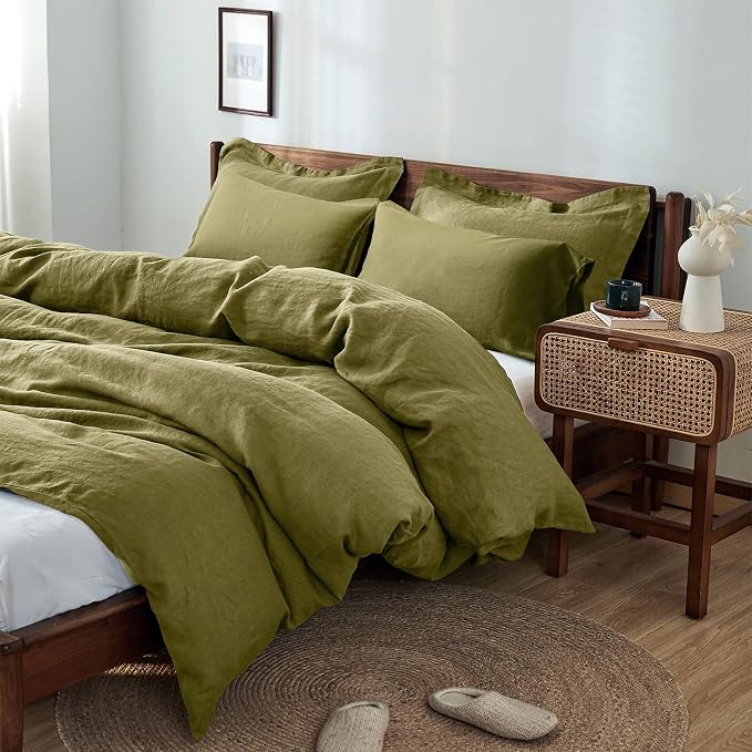 Simple&Opulence 100% Washed Linen Duvet Cover Set 5pcs(1 Duvet Cover& 2 Shams& 2 Pillowcases) Basic Style Natural French Flax Soft Breathable Farmhouse Bedding (Queen, Olive Green)