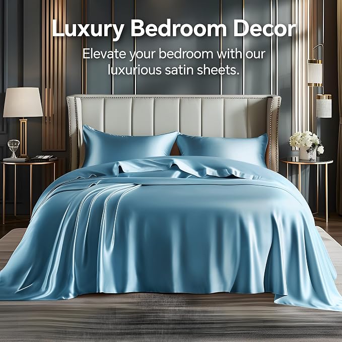 BEDELITE Satin Sheets Twin Size Bed Set, Airy Blue, 3 Pieces | Luxury Silky Bed Sheets, 15 Inch Deep Pocket, Similar to Silk, Soft and Cooling, Reduces Friction, Gentle on Hair and Skin