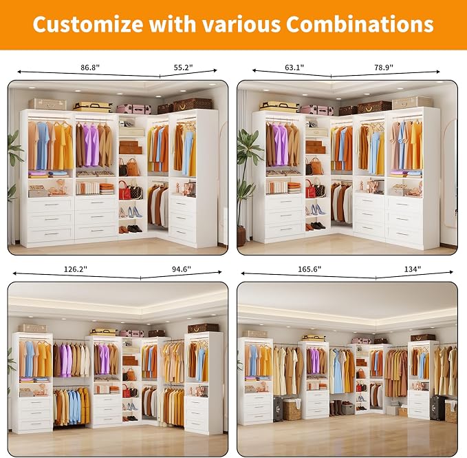 Closet System with 9 Drawers, Corner Closet Organizer Systems with 9 Shelves & 9 Hanging Rods L-Shaped Walk in Closet Freestanding Corner Tower Modular Storage System 4 Sets 2800+ Lbs Capacity White