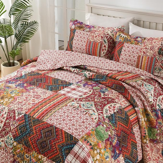 VISIMISI Cotton Bedspread Quilt Sets Reversible Bedding Coverlet Sets 3 Pieces Gorgeous Vintage Damask Red Patchwork Bedspread, Queen Size