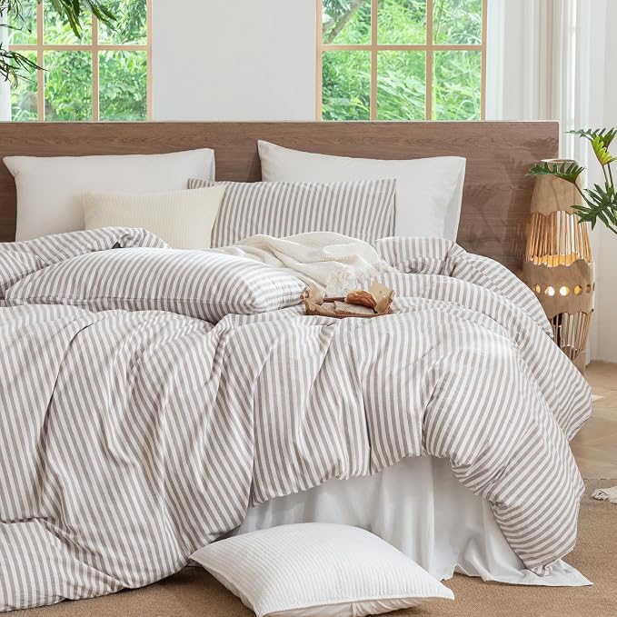 MooMee Striped Duvet Cover Set 100% Washed Cotton Linen Like King | Relaxed Linen-like Texture. Soft, Breathable & Long-lasting Comfort. Lightweight. Hidden Zipper with 8 Interior Corner Ties