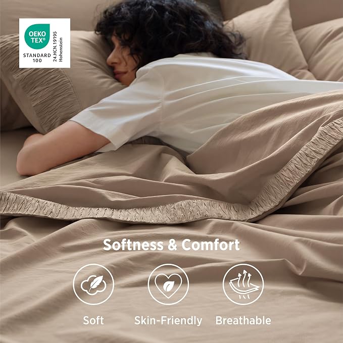 Bedsure Queen Sheet Set - 4 Pieces Soft, Breathable, Cooling Bed Sheets | Hotel Luxury Bedding, Oeko-Tex , Easy Care, Deep Pocket, Fade Resistant, Shrink Resistant, Sturdiness, Emboss Design