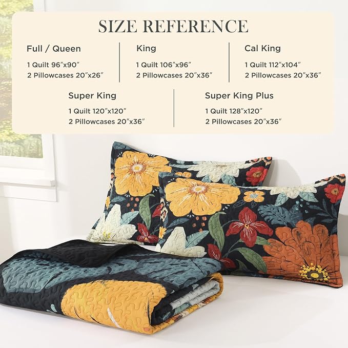 Quilt King Size, Black Floral Boho Summer Bedspread 3 Pieces | Navy Flower Botanical Summer Bedspreads with 2 Shams, Reversible Polyester Coverlet Set for All Seasons, 106"x96"