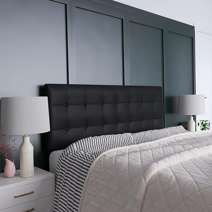 EMMA + OLIVER Black Queen Button Tufted Headboard | Adjustable Bed Rail Slots, Vinyl Upholstered