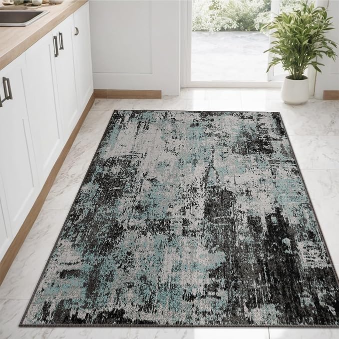 RELEANY Washable 3'x5' Abstract Area Rug for Living Room Teal Black | Carpet for Bedroom, Kitchen, Office, Hallway and Entryway, Printed Pattern, Non‑Slip, Soft, Stain‑Resistant, Easy to Clean