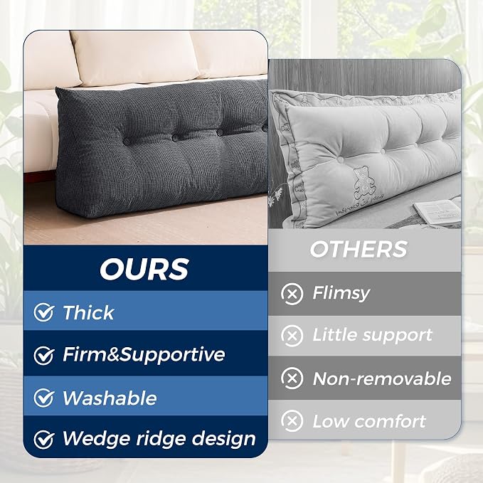 Headboard Pillow Queen, Wedge Pillow Headboard, Black | Triangle Backrest for Headboard, Bed Pillow for Sitting Up Reading Working, Removable Cover, Side Pockets, for Bed Dorm Sofa