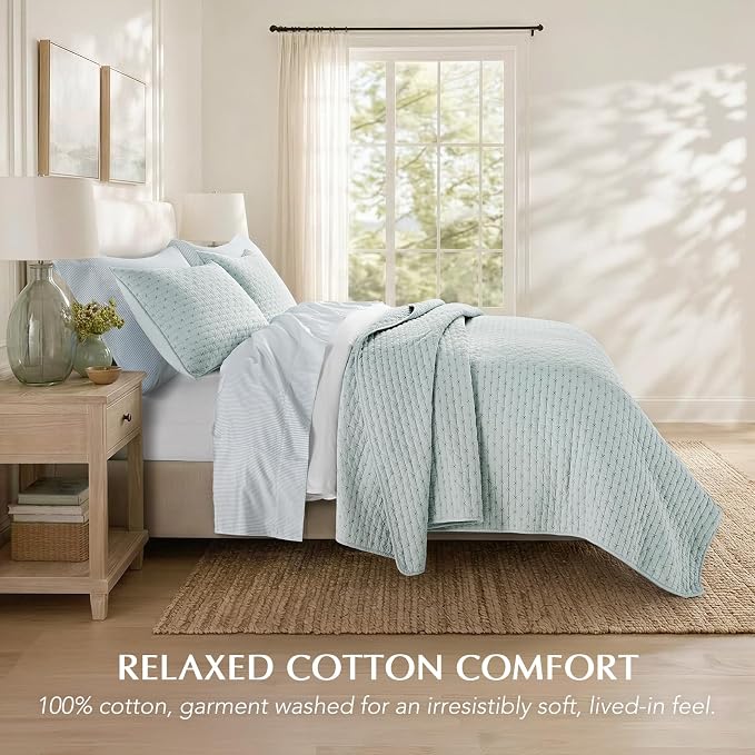 100% Cotton Cross Stitch 3-Piece Quilt Set, Queen, Seafoam Aqua | 100% Cotton, Elegant Cross Stitch, Soft & Breathable, Prewashed Softness, Oversized Design, OEKO-TEX® Certified