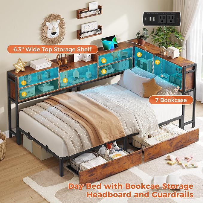 DICTAC Twin Corner Bed Frame with Bookcase Storage Headboard and Led Lights Twin Size Metal Platform Bed Frames with 2 Drawers and Charging Station,Twin Size Daybed with Storage for Kids Teen,Rustic