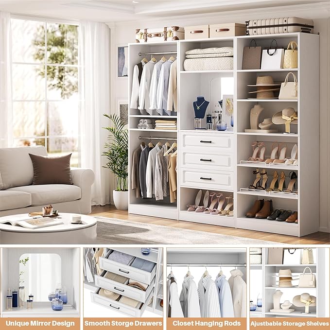 Unikito 75" Modular Closet System with 3 Sets, Mirror & Drawers, White | Hanging Rods & Adjustable Shelves, Freestanding Wood Wardrobe Garment Rack, Walk in Tower Clothes Storage Organizer Unit