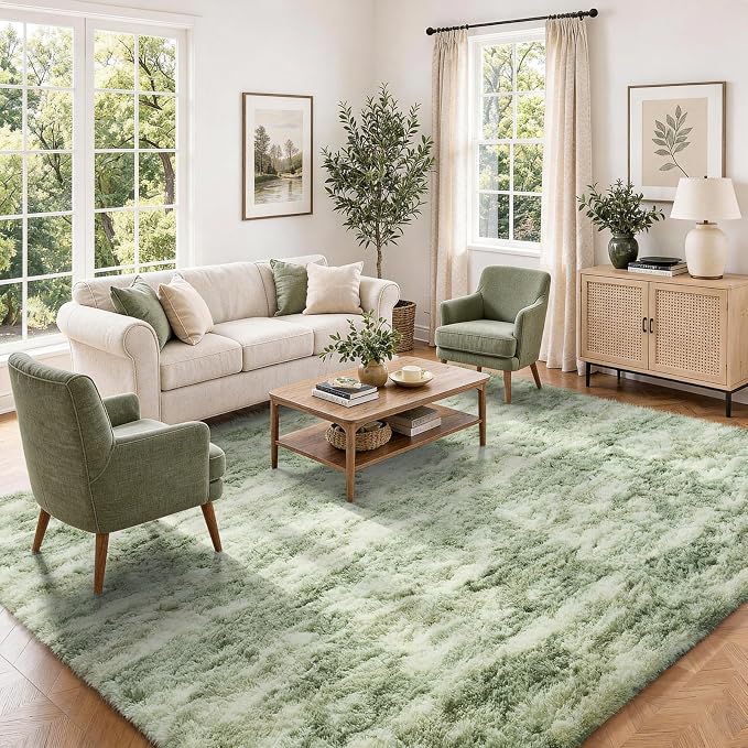 Ophanie Green and White Area Rugs for Living Room 5x7,Sage Green Fluffy Shag Large Fuzzy Plush Soft Carpets,Floor Shaggy Rugs for Bedroom,Carpet for Kids Girls Dorm Decor with Over 99 pcs Pile fibers
