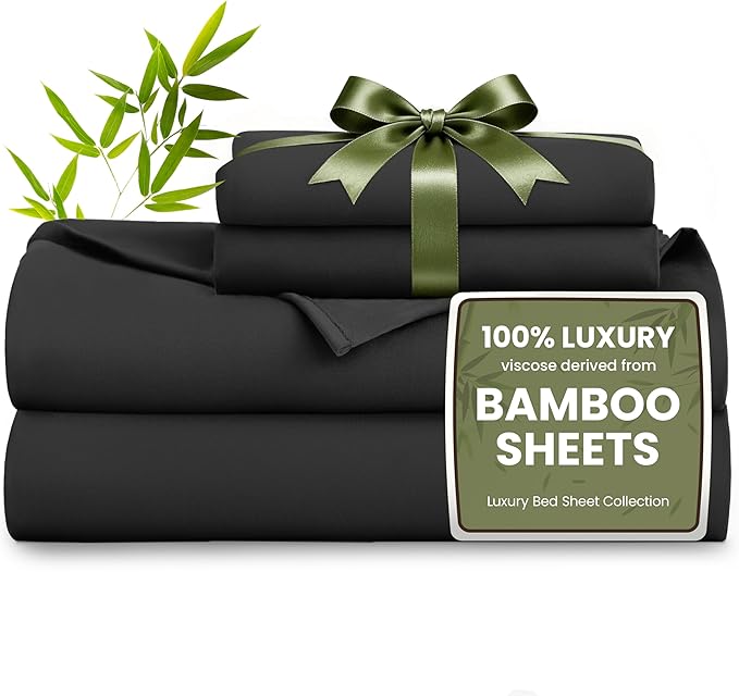 Love's cabin 4 Piece King Size Sheet Set, 100% Rayon Derived from Bamboo, Cooling & Breathable, Soft Silky Deep Pocket up to 16", Hotel Luxury Bedding for Hot Sleepers, Black