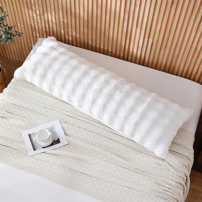 DOWNCOOL Premium Large Body Pillow Insert with Faux Rabbit Fur Cover - Large Full Body Pillows for Adults - Soft Long Bed Pillows for Side Sleepers - 20x54 inch (White, with Cover)