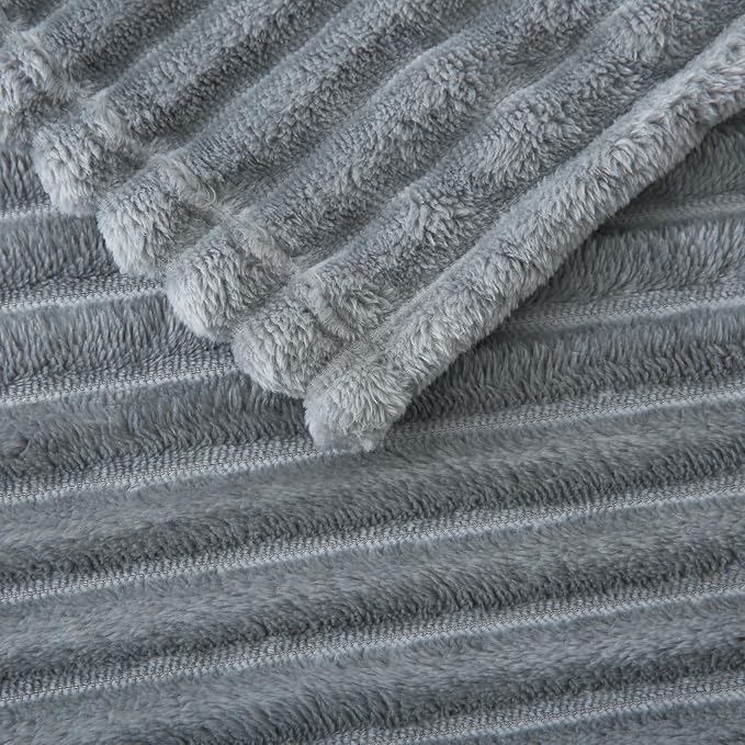 Grey Fleece Throw Blanket 108”×90” for Couch Sofa Livingroom | Super Soft Cozy Plush Microfiber Flannel Bed Blanket Striped Design Lightweight Home Decor Gifts for Adults Mom Women