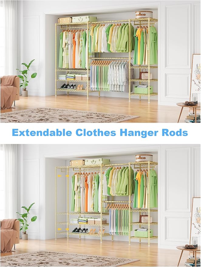 Ulif E11 Heavy-Duty Garment Rack, Metal Clothes Rack, Load 1034lbs, Gold | Freestanding Expandable Closet Storage Organizer System with 8 Shelves and 4 Hanger Rods, (73.2-97.6)"W x 14.5"D x 71.2"H