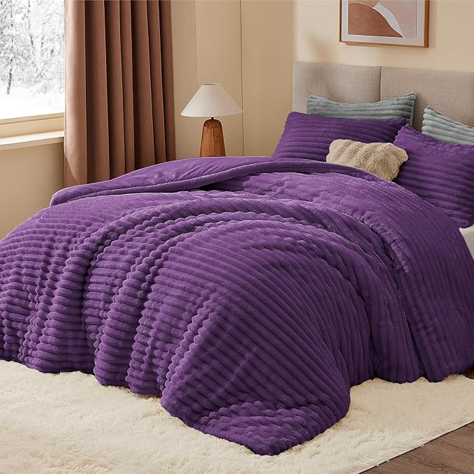 BEDELITE Fleece King Comforter Set, Fluffy Bed Set, Purple | Super Soft & Warm Bedding, Luxury Fuzzy Faux Fur Comforter for Winter, Heavy Plush Bedding, with 2 Pillowcases