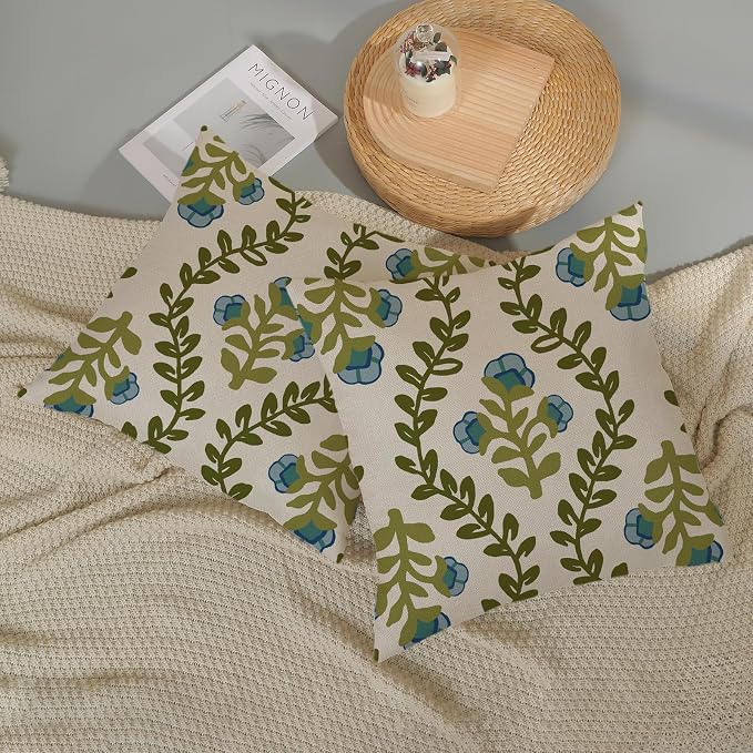 Sage Green Boho Pillow Covers 22x22 Inch 2 Pcs Blue Green Floral Leaves Decor Throw Pillows Vintage Flower Seasonal Spring Summer Outdoor Farmhouse Pillowcase Linen Cushion Cover for Couch Sofa