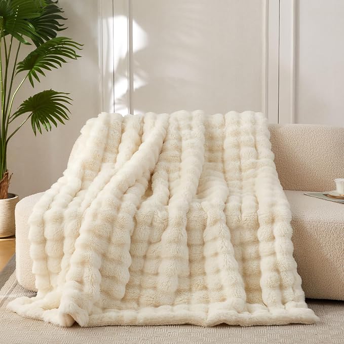 COOVA Faux Fur Throw Blanket for Couch, Cozy Soft and Fuzzy Plush Rabbit Fur Bubble Blanket for Sofa Bedroom Living Room, 60x80 Inches Ivory White